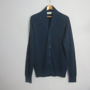 Peter Millar Mens L Blue Merino Wool Linen Long Sleeve Rib Knit Cardigan Sweater